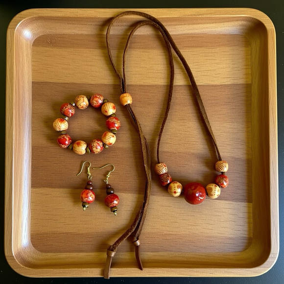 Artisan Crafted Jewelry - Handmade Bead & Leather Jewelry Set - Necklace, Bracelet, Earrings